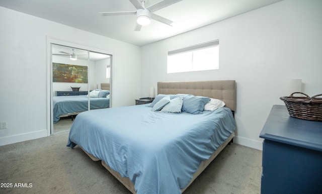 2320 E Mulberry Dr, Phoenix, AZ 85016 - bedroom featuring baseboards, ceiling fan, a closet, and light colored carpet