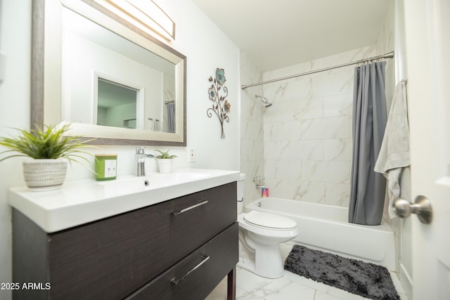 2320 E Mulberry Dr, Phoenix, AZ 85016 - full bathroom with vanity, marble finish floor, shower / bathtub combination with curtain, and toilet
