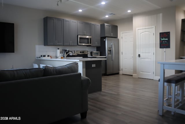 kitchen featuring kitchen peninsula, a kitchen breakfast bar, stainless steel appliances, dark wood-type flooring, and gray cabinets