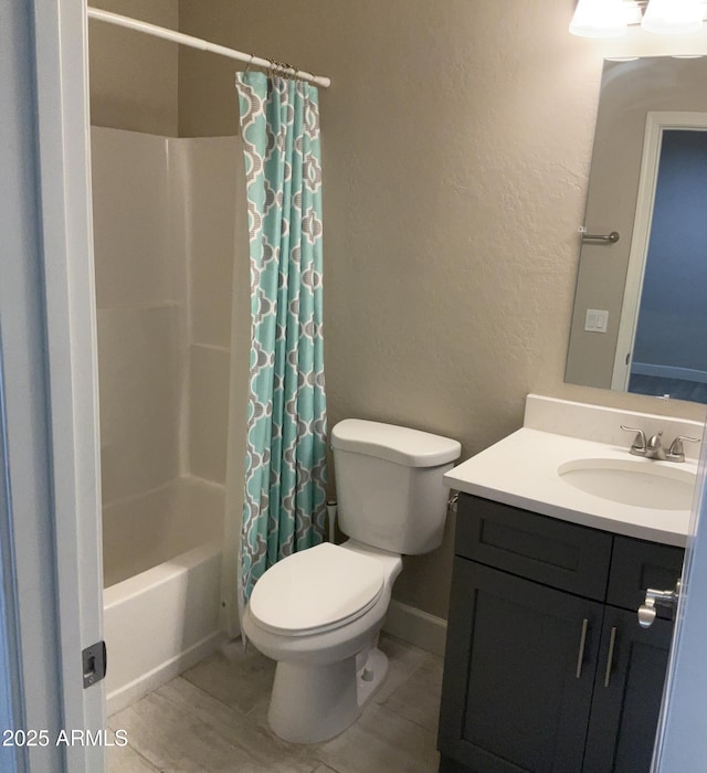 1406 W Main St Unit 140, Mesa, AZ 85201 - bathroom with vanity, a textured wall, toilet, and shower / bath combination with curtain