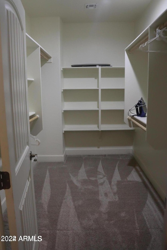 spacious closet with dark colored carpet