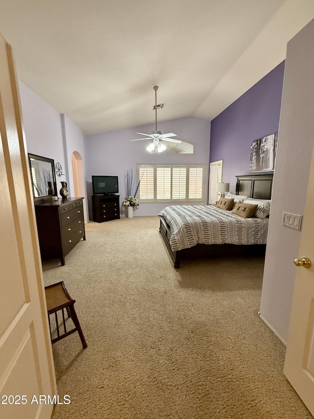 3891 E Simpson Rd, Gilbert, AZ 85297 - bedroom with carpet, vaulted ceiling, arched walkways, and ceiling fan