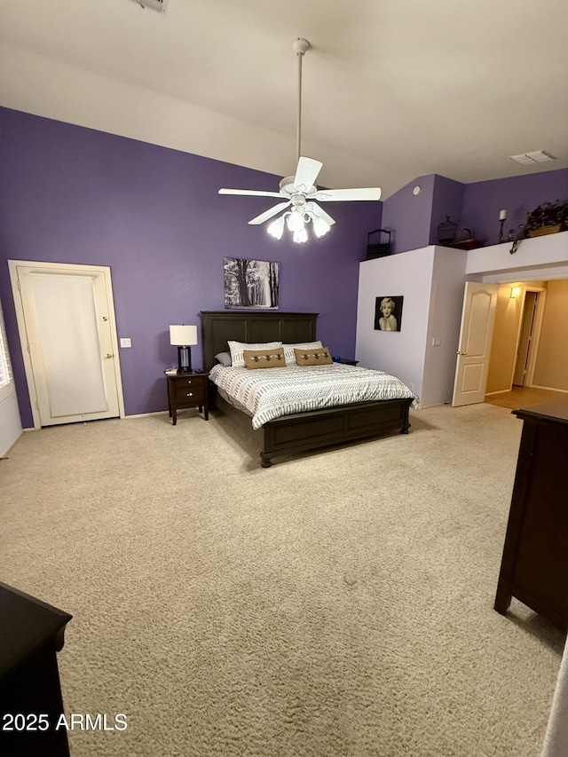 3891 E Simpson Rd, Gilbert, AZ 85297 - bedroom with carpet, high vaulted ceiling, and a ceiling fan
