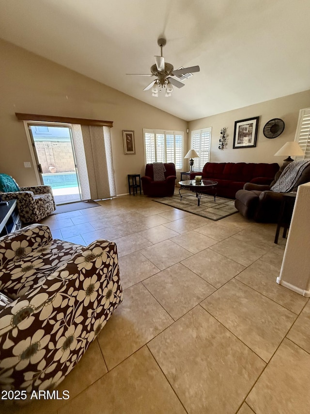 3891 E Simpson Rd, Gilbert, AZ 85297 - living area featuring a ceiling fan, lofted ceiling, and light tile patterned floors