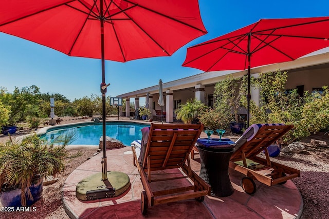 pool with a patio and a ceiling fan