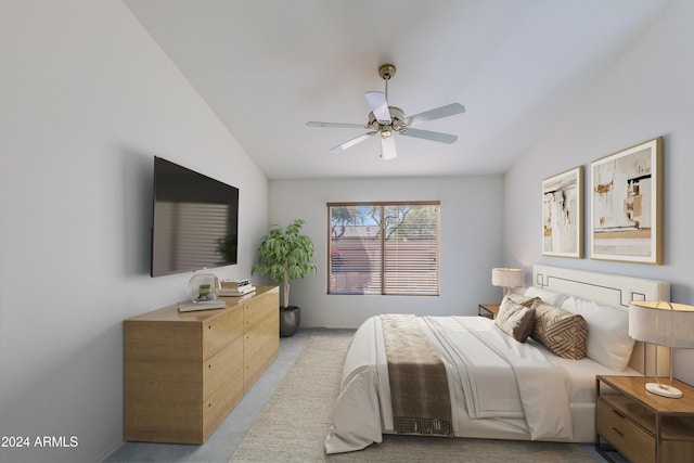 carpeted bedroom with ceiling fan and vaulted ceiling