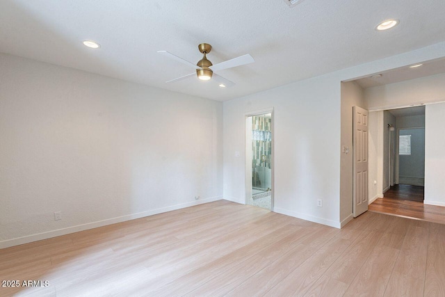 unfurnished room with recessed lighting, baseboards, light wood-style floors, and a ceiling fan