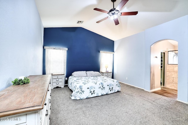 775 E Leslie Ave, San Tan Valley, AZ 85140 - carpeted bedroom with arched walkways, lofted ceiling, baseboards, and ceiling fan