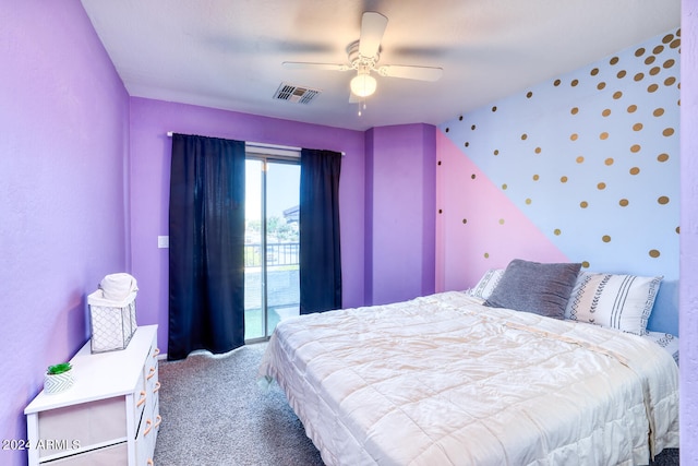 carpeted bedroom featuring access to exterior and ceiling fan