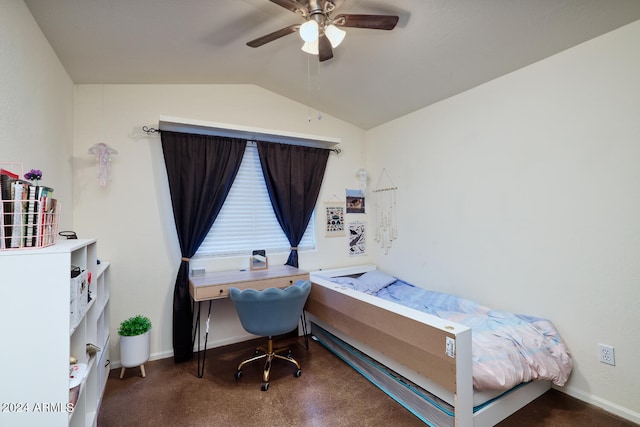 carpeted bedroom with ceiling fan and lofted ceiling