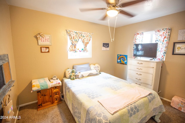 bedroom featuring carpet flooring and ceiling fan