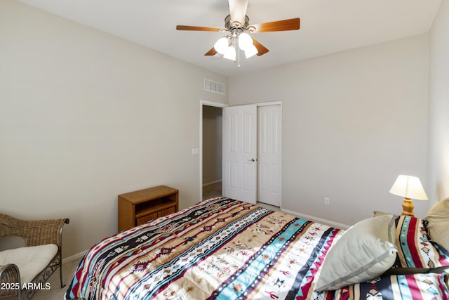 bedroom featuring a ceiling fan, a closet, visible vents, and baseboards