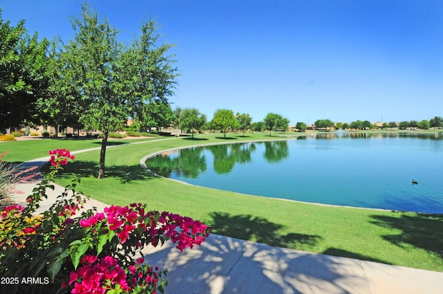 view of home's community with a water view and a lawn