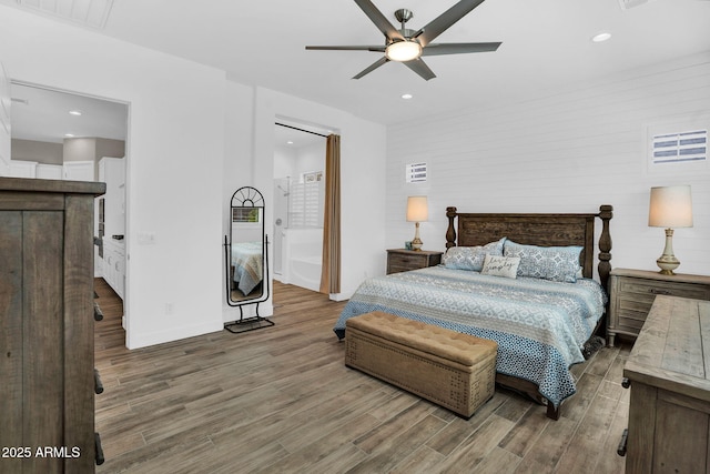 3915 N Shannon Cir, Mesa, AZ 85215 - bedroom with wood finished floors, recessed lighting, a ceiling fan, and connected bathroom