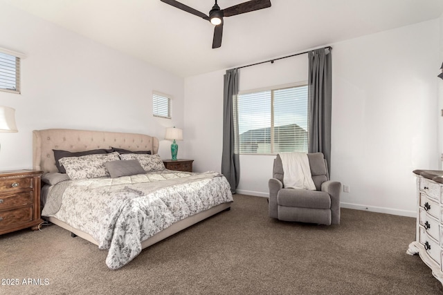 bedroom with carpet floors, ceiling fan, and baseboards