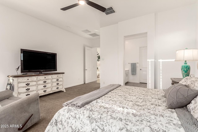 bedroom featuring baseboards, visible vents, ensuite bath, and carpet flooring