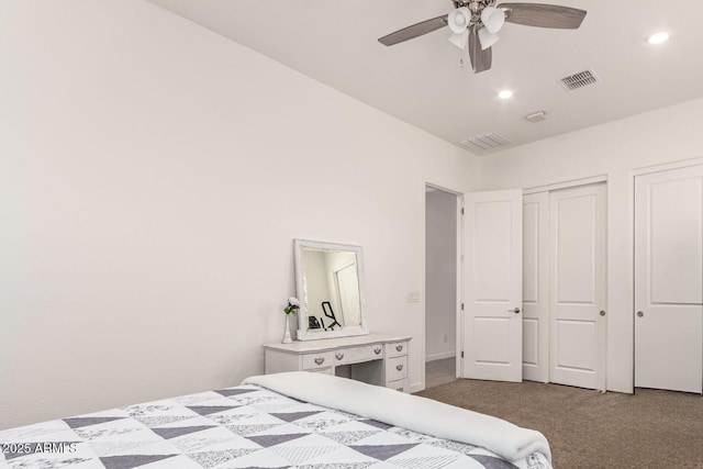 carpeted bedroom featuring a ceiling fan, recessed lighting, and visible vents