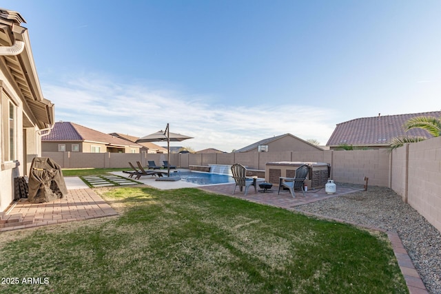 view of yard featuring a patio, central AC, a fenced backyard, and a fenced in pool