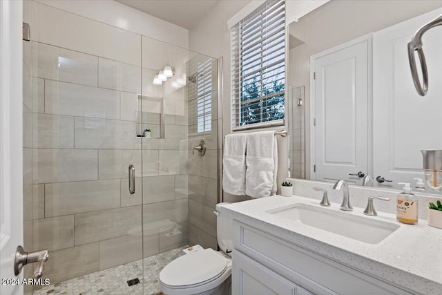 bathroom with an enclosed shower, vanity, and toilet