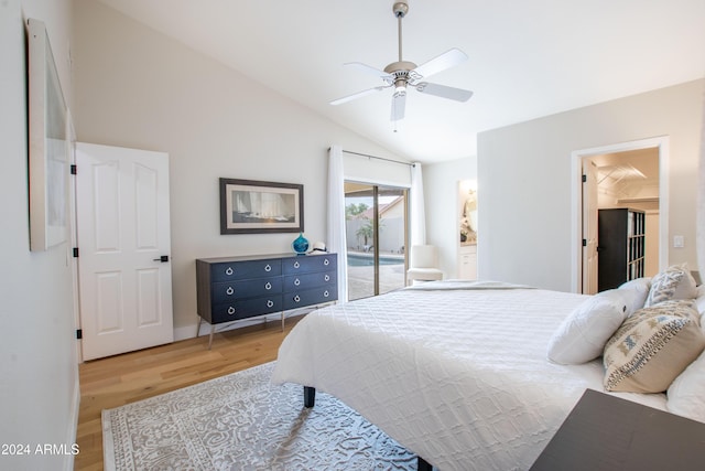 bedroom with ceiling fan, light hardwood / wood-style floors, access to exterior, and vaulted ceiling