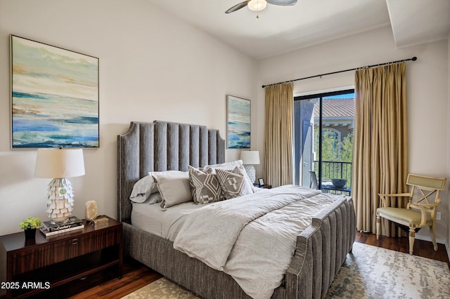 bedroom featuring access to outside, ceiling fan, and wood finished floors