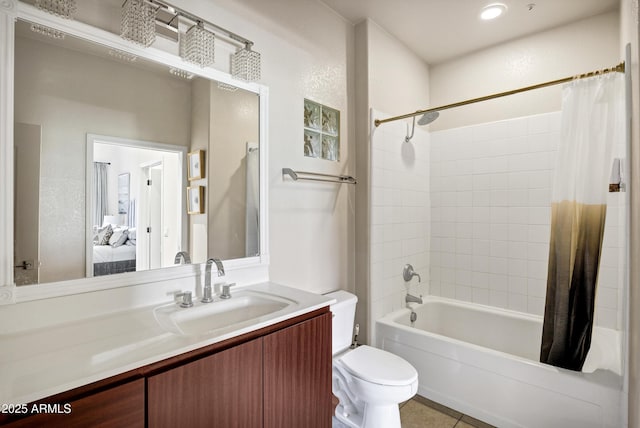 full bath with toilet, shower / bath combo, vanity, ensuite bath, and tile patterned floors