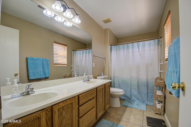 full bathroom with toilet, tile patterned flooring, visible vents, and a sink