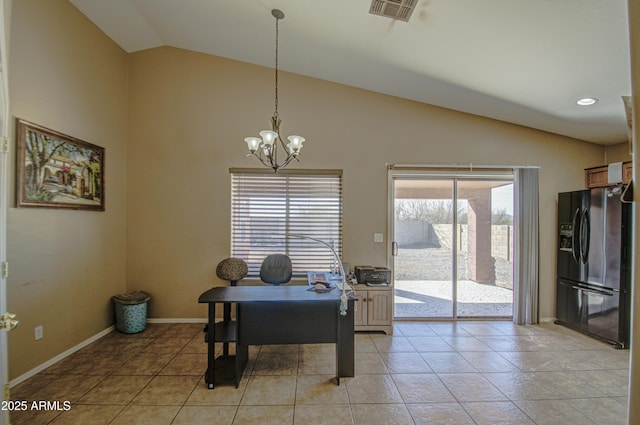 home office with a notable chandelier, light tile patterned floors, recessed lighting, visible vents, and baseboards