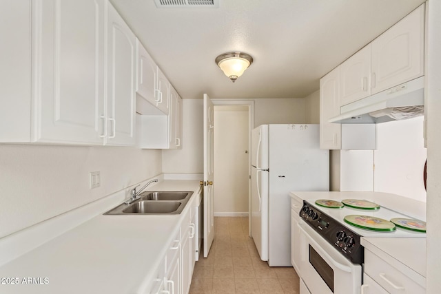 kitchen featuring under cabinet range hood, a sink, white appliances, white cabinets, and light countertops