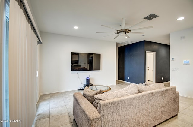 living area with recessed lighting, visible vents, ceiling fan, and light tile patterned floors