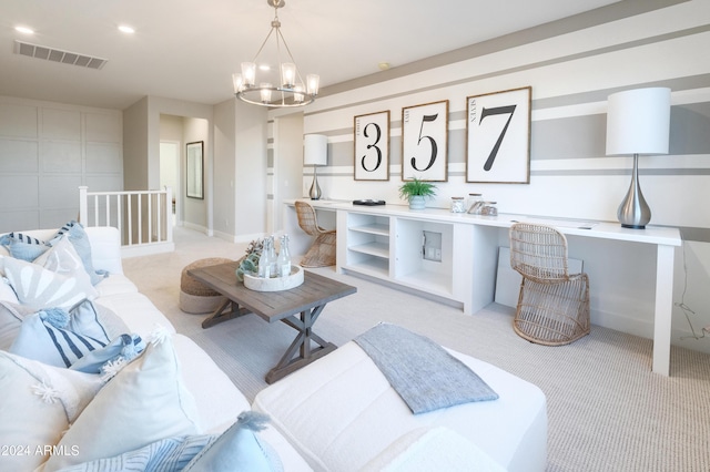 living area with a chandelier, visible vents, light colored carpet, and baseboards