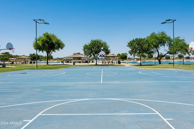 view of sport court with a lawn, a gazebo, and community basketball court