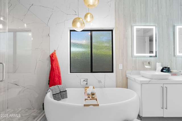 1807 E Campbell Ave, Phoenix, AZ 85016 - bathroom featuring vanity, a freestanding tub, and a marble finish shower
