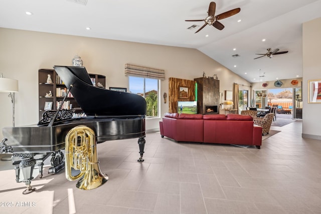 living room featuring visible vents, baseboards, ceiling fan, vaulted ceiling, and recessed lighting