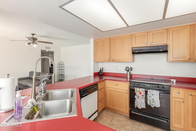 2031 W Gila Ln, Chandler, AZ 85224 - kitchen with under cabinet range hood, white dishwasher, electric range, a sink, and a ceiling fan