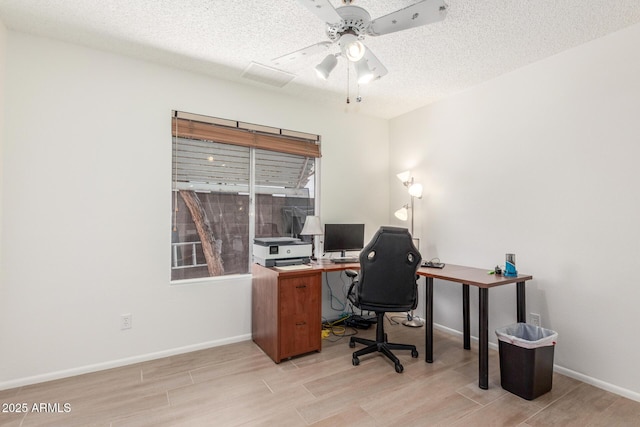 2031 W Gila Ln, Chandler, AZ 85224 - home office with light wood-type flooring, a ceiling fan, baseboards, and a textured ceiling