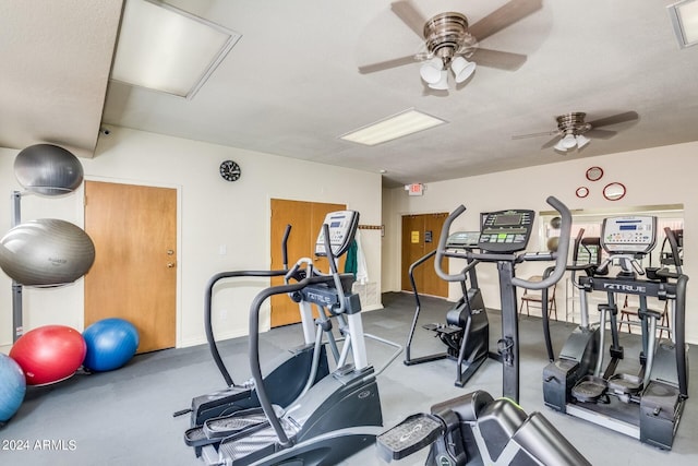 exercise room with a textured ceiling and ceiling fan