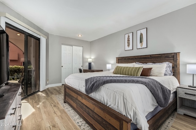 bedroom featuring light hardwood / wood-style flooring, access to exterior, and a closet