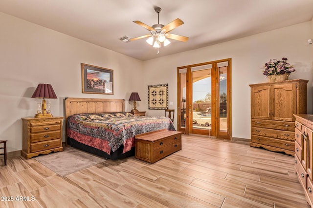 bedroom featuring visible vents, baseboards, ceiling fan, access to exterior, and light wood-type flooring