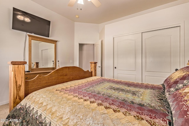 bedroom featuring carpet flooring, a closet, and ceiling fan