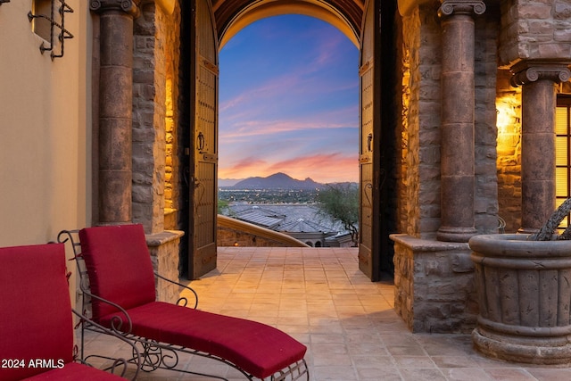 view of patio featuring a mountain view