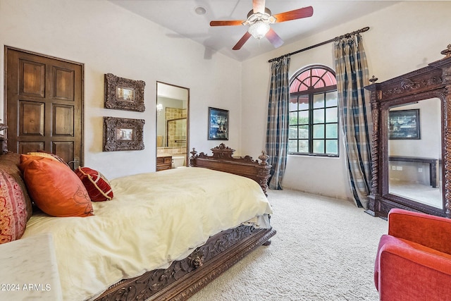 bedroom with carpet floors, ceiling fan, and ensuite bath