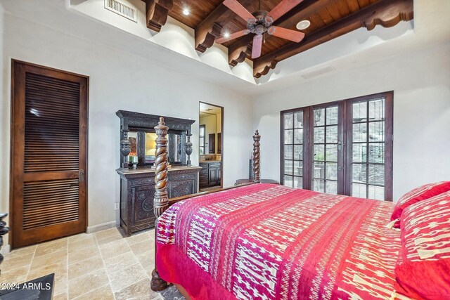 bedroom featuring wooden ceiling, french doors, ceiling fan, and beamed ceiling