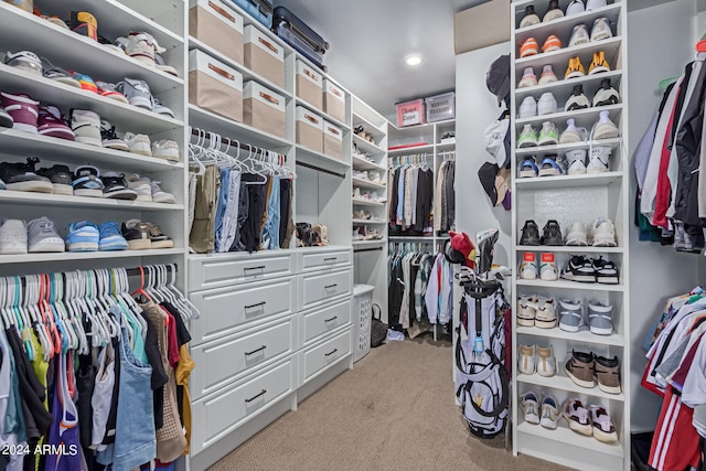 walk in closet featuring light colored carpet