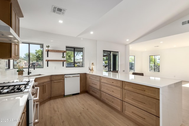 1338 E Granada Rd, Phoenix, AZ 85006 - kitchen featuring white appliances, exhaust hood, a peninsula, light wood-type flooring, and plenty of natural light