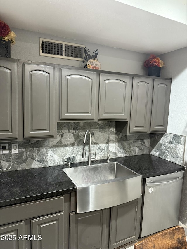 kitchen featuring a sink, stainless steel dishwasher, gray cabinets, and visible vents