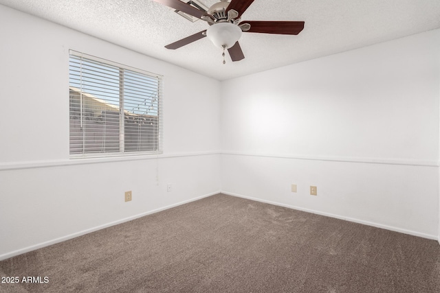 unfurnished room with ceiling fan, carpet floors, and a textured ceiling