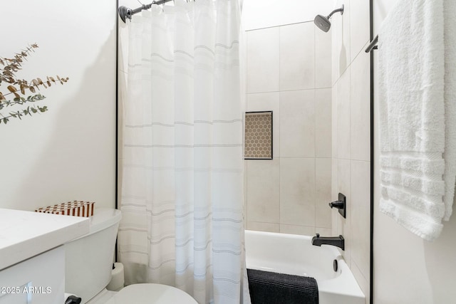 bathroom with shower / bathtub combination with curtain and toilet