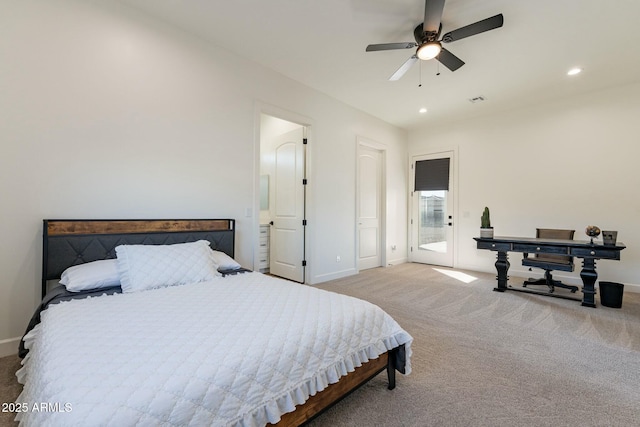 carpeted bedroom with ceiling fan