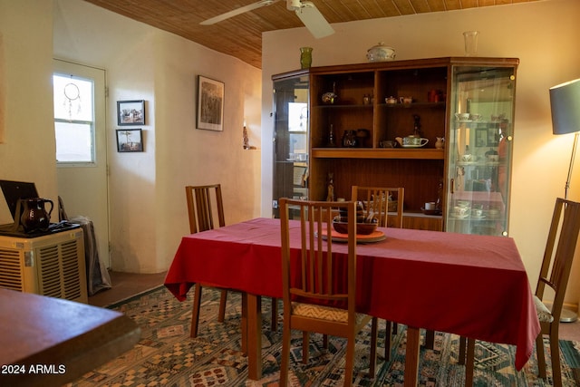 dining room featuring wood ceiling and a ceiling fan